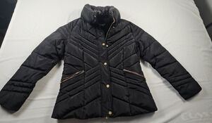Large Womens Black Quilted Puffer Jacket Gold Hardware Button Zip by GUESS